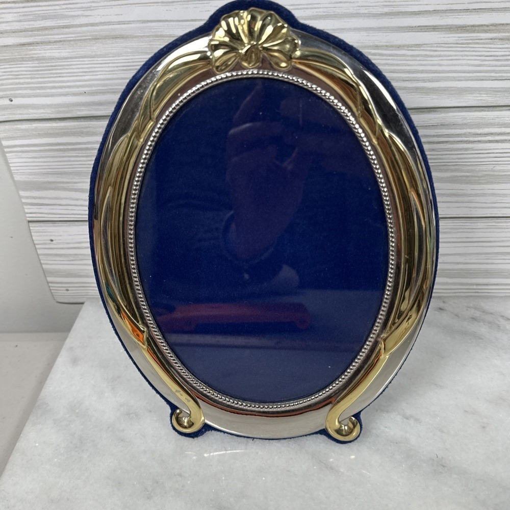 Vintage Silver And Gold Tone Oval Picture Frame 5x7"  Photo Bow Blue Velvet